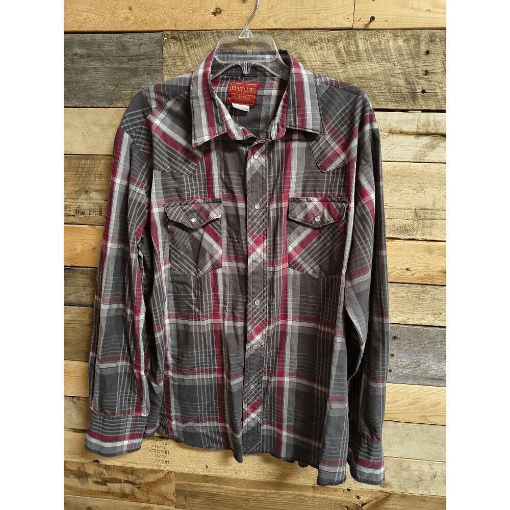 VTG Rustler Men's XL Pearl Snap Western Shirt X-Long Tails Long Sleeve Plaid